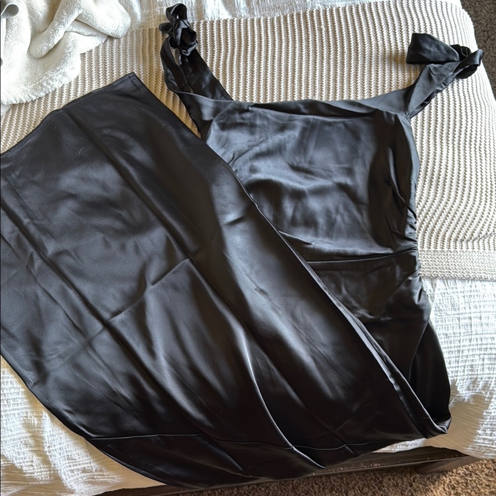 Elegant Black Satin Dress with Bow Straps
